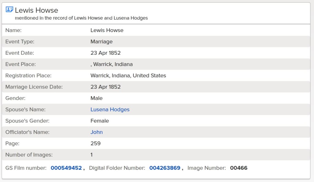 Index of marriage record for Lewis Howse and Lusina Hedges 
