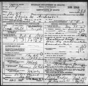 Doris Anderson, 1927 Death Certificate